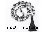 GMN8420 8mm, 10mm black & white jasper 27, 54, 108 beads mala necklace with tassel