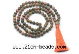 GMN8429 8mm, 10mm matte unakite 27, 54, 108 beads mala necklace with tassel