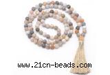 GMN8446 8mm, 10mm matte bamboo leaf agate 27, 54, 108 beads mala necklace with tassel