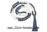 GMN8570 8mm, 10mm matte sodalite, white crystal & black agate 108 beads mala necklace with tassel