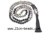 GMN8574 8mm, 10mm dalmatian jasper, black lava & garnet 108 beads mala necklace with tassel