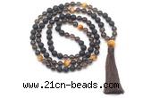 GMN8579 8mm, 10mm black lava, smoky quartz & golden tiger eye 108 beads mala necklace with tassel