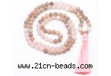 GMN8581 8mm, 10mm sunstone, rose quartz & white jade 108 beads mala necklace with tassel