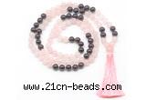 GMN8582 8mm, 10mm rose quartz & garnet 108 beads mala necklace with tassel