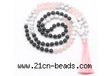 GMN8583 8mm, 10mm black agate, rose quartz & white howlite 108 beads mala necklace with tassel