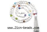 GMN8601 Hand-knotted 7 Chakra 8mm, 10mm white howlite 108 beads mala necklace with tassel