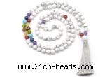 GMN8602 Hand-knotted 7 Chakra 8mm, 10mm white howlite 108 beads mala necklace with tassel