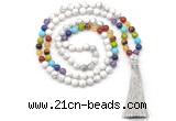 GMN8604 Hand-knotted 7 Chakra 8mm, 10mm white howlite 108 beads mala necklace with tassel