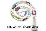 GMN8606 Hand-knotted 7 Chakra 8mm, 10mm white howlite 108 beads mala necklace with tassel