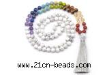 GMN8607 Hand-knotted 7 Chakra 8mm, 10mm white howlite 108 beads mala necklace with tassel