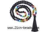 GMN8615 Hand-knotted 7 Chakra 8mm, 10mm black lava 108 beads mala necklace with tassel
