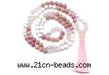 GMN8627 8mm, 10mm matte white howlite, red jasper & rose quartz 108 beads mala necklace with tassel