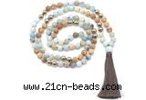 GMN8630 8mm, 10mm matte amazonite, picture jasper & hematite 108 beads mala necklace with tassel