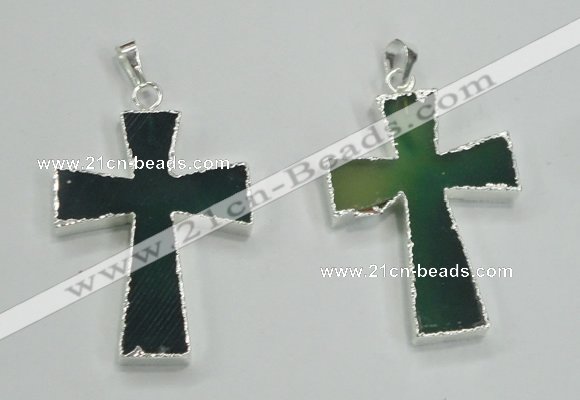 NGP1286 32*45mm cross green agate pendants with brass setting