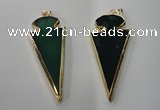 NGP1291 30*65mm green agate pendants with brass setting