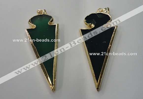 NGP1291 30*65mm green agate pendants with brass setting