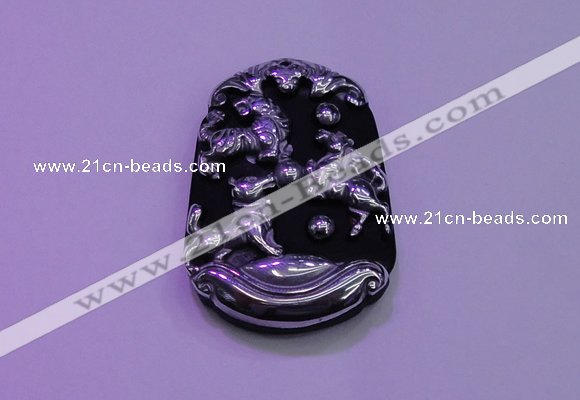 NGP2009 30*40mm carved silver plated matte black obsidian pendants