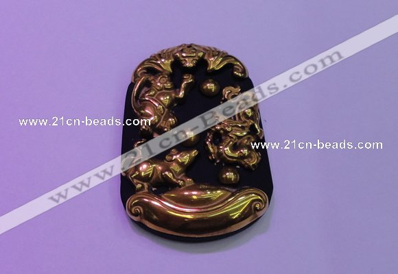 NGP2013 38*55mm carved gold plated matte black obsidian pendants