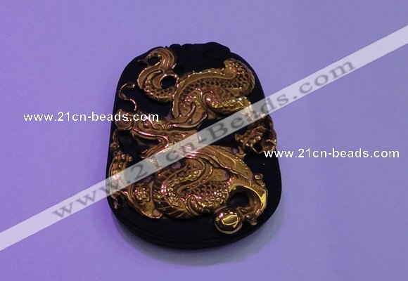 NGP2025 40*55mm carved gold plated matte black obsidian pendants