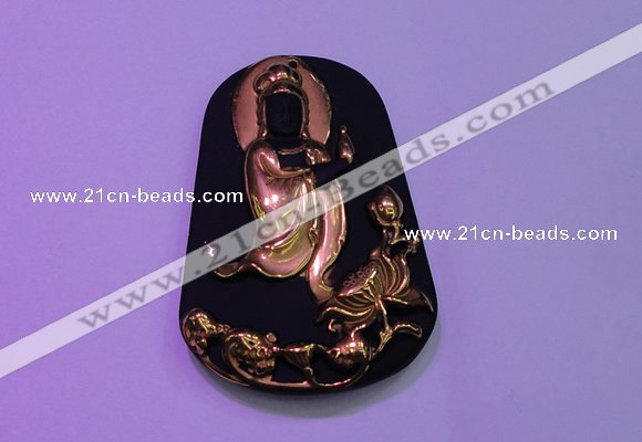 NGP2031 40*60mm carved gold plated matte black obsidian pendants
