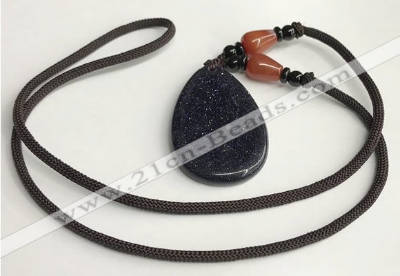 NGP5615 Blue goldstone flat teardrop pendant with nylon cord necklace