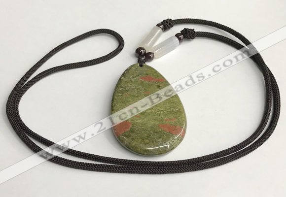 NGP5623 Unakite flat teardrop pendant with nylon cord necklace