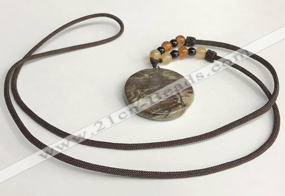 NGP5690 Rainforest agate flat round pendant with nylon cord necklace