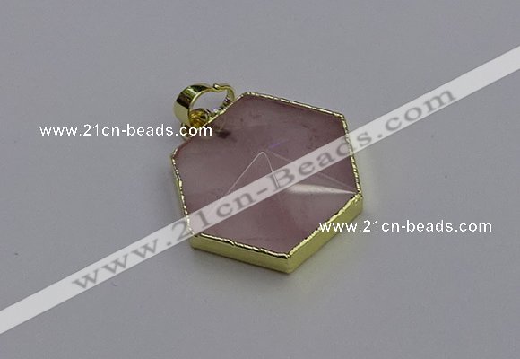 NGP6801 24*25mm hexagon rose quartz gemstone pendants wholesale