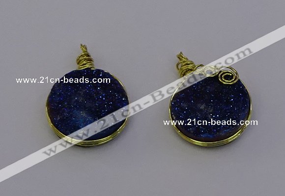 NGP6939 15mm - 16mm flat round plated druzy quartz pendants