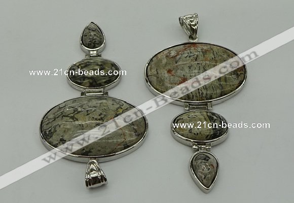 NGP8018 50*82mm - 52*86mm grey picture jasper pendant set jewelry